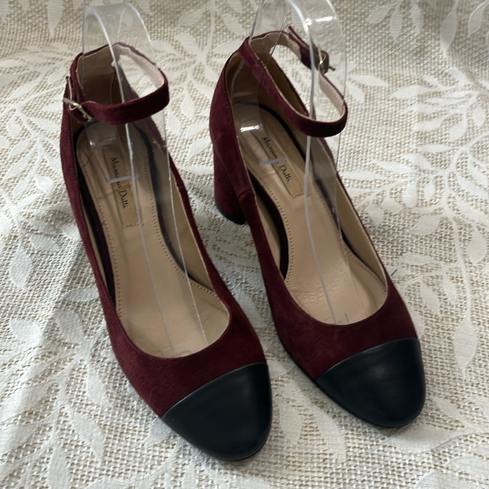Massimo Dutti Maroon‎ Suede Ankle Strap Black Leather Chunky Heels Size 6.5/37